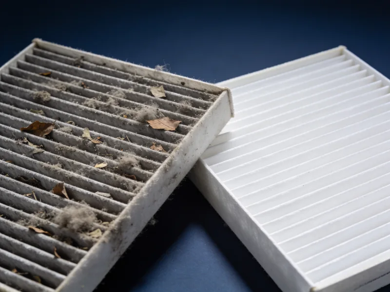 A dirty cabin air filter next to a clean one