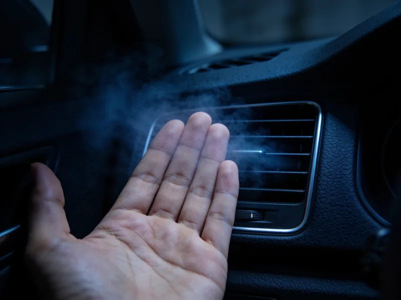 A hand held up in the airflow from a dashboard air vent