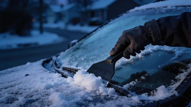 A gloved hand scraping snow and frost off a car windshield at dawn