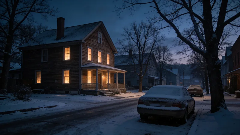A quiet town street with houses in light snow at dusk