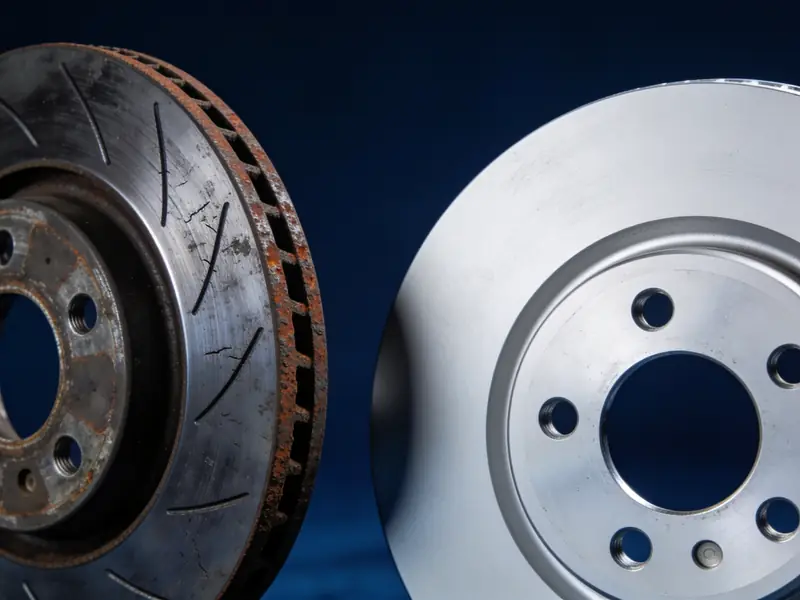 A worn, rusty brake rotor next to a smooth new one