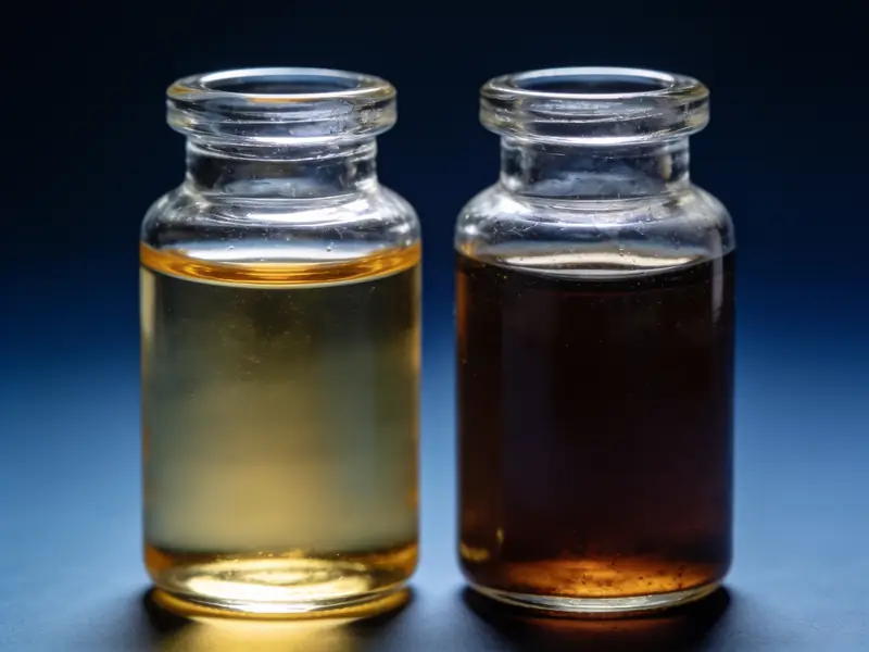 Fresh, light brake fluid next to old, dark brake fluid