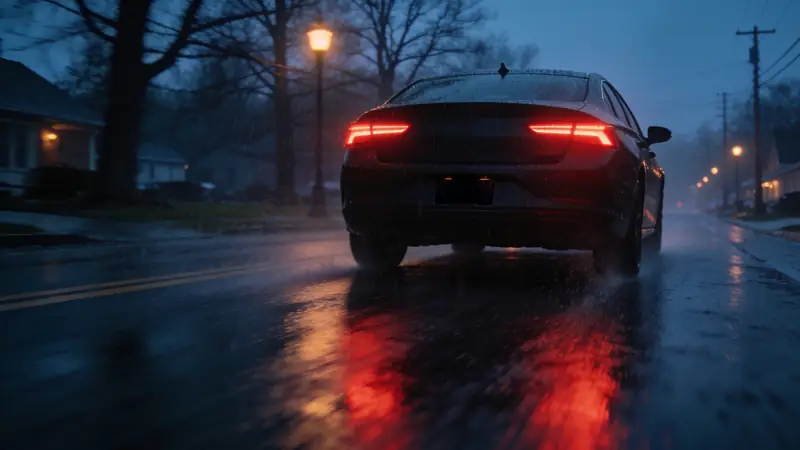 Red brake lights on a wet street at dusk