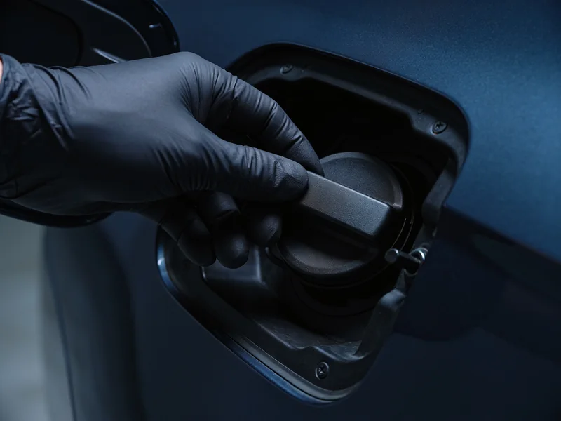 A gloved hand gripping a fuel cap, with the car's fuel door open