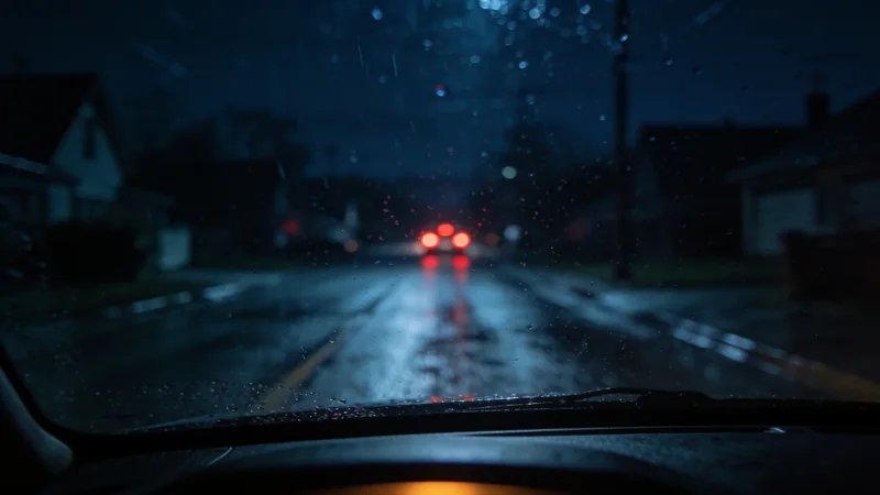 A wet road at night seen through a car windshield