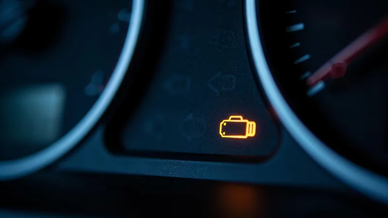 An amber check engine light glowing on a dark dashboard