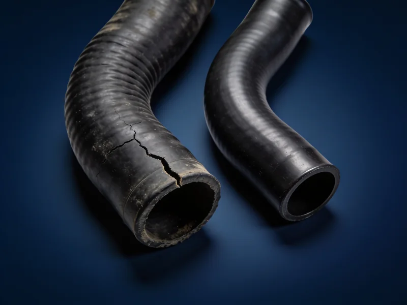 A cracked old rubber hose next to a new one