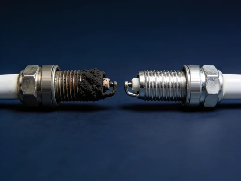 A fouled used spark plug next to a new spark plug