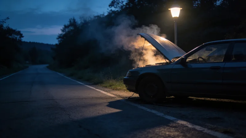 Steam rising from under the raised hood of a car at dusk
