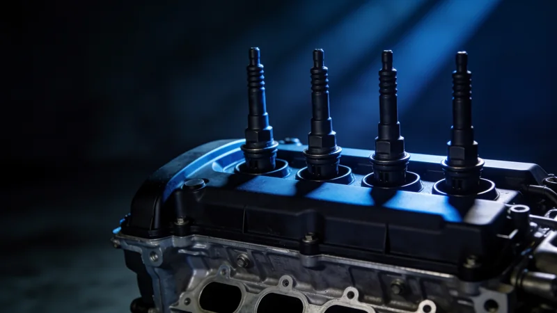 Four ignition parts standing in a row on top of an engine