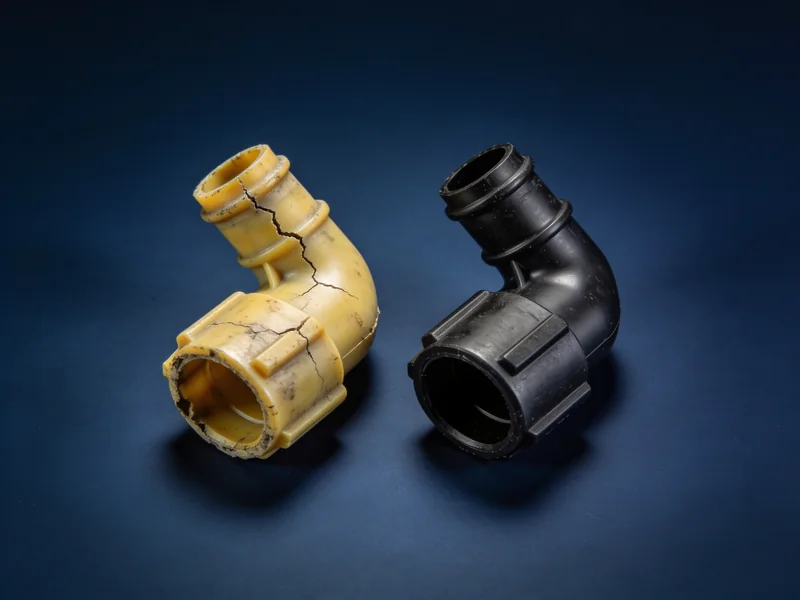 A cracked old plastic coolant fitting next to a new one