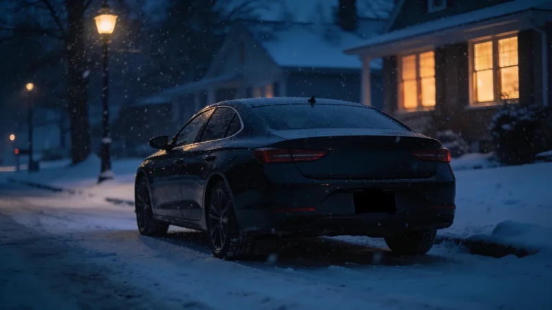 A dark sedan parked on a snowy street at dusk
