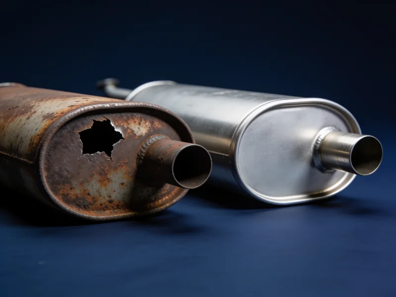 A rusted-through muffler with a hole next to a new muffler
