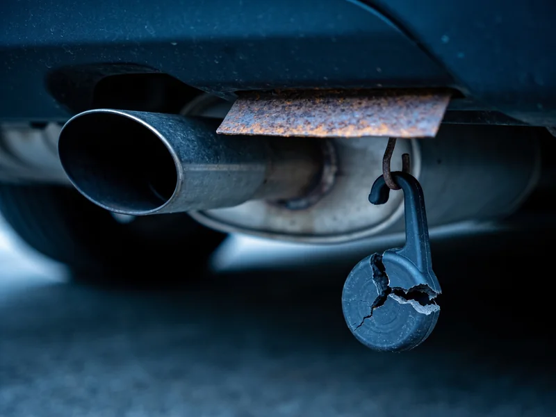 A broken rubber exhaust hanger and a rusty heat shield under a car
