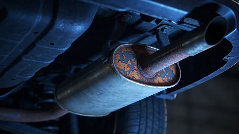 A rusted exhaust pipe and muffler seen from under a car