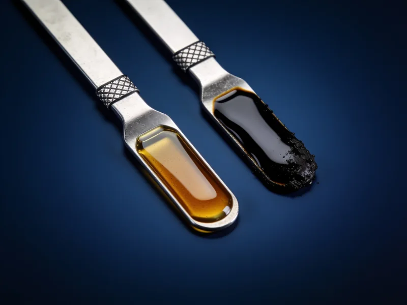 Two dipsticks, one with clean amber oil and one with dark dirty oil