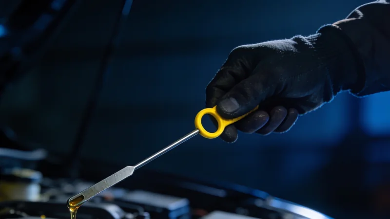 A gloved hand holding up an engine oil dipstick by its yellow loop handle, oil running off its tip