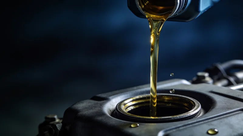 Fresh golden oil pouring into an engine's oil filler