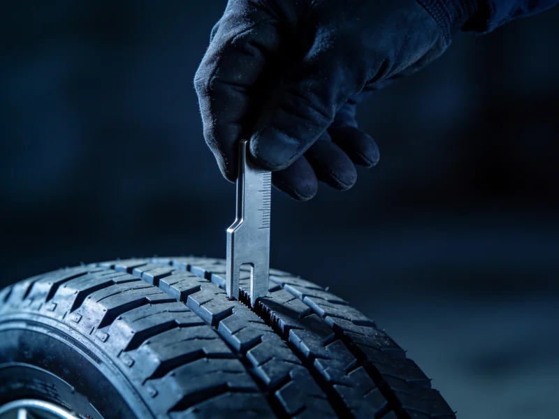 A gloved hand pressing a tread-depth gauge into a tire's tread