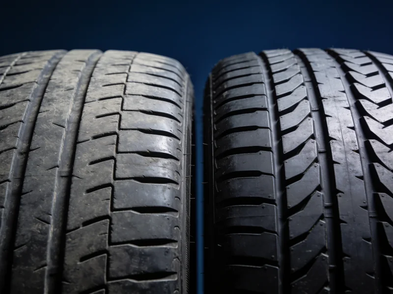 Worn, shallow tire tread next to deep new tread