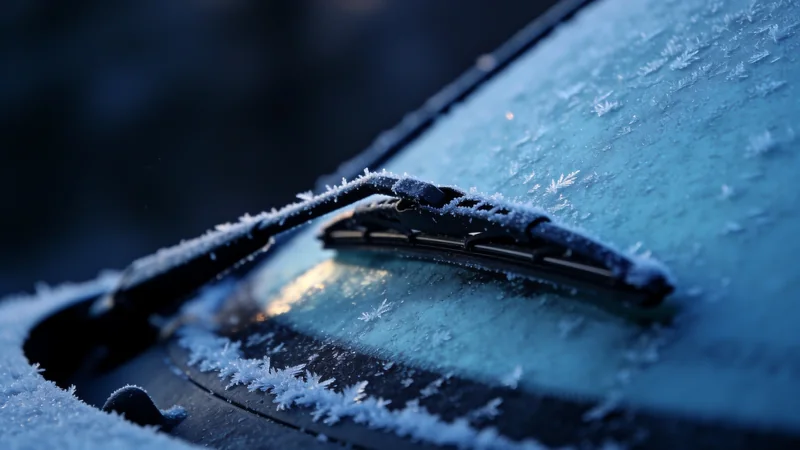 A wiper blade resting on a frost-covered windshield