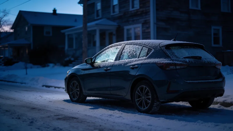 A frosted car parked on a snowy residential street at dawn