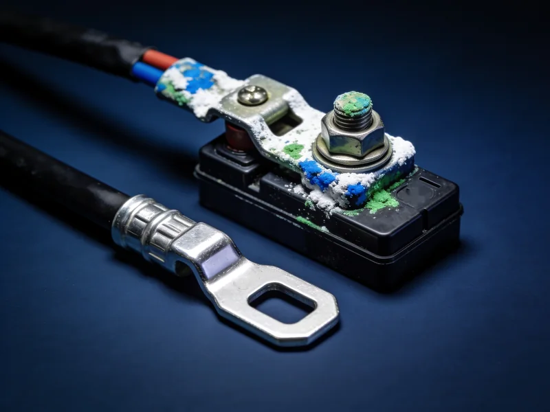 A cable terminal crusted with white, blue and green corrosion, next to a clean cable end