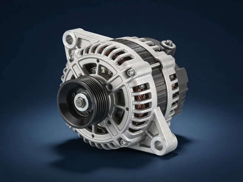 A car alternator with its belt pulley