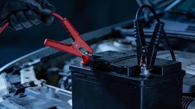 Red and black jumper-cable clamps on a car battery's terminals