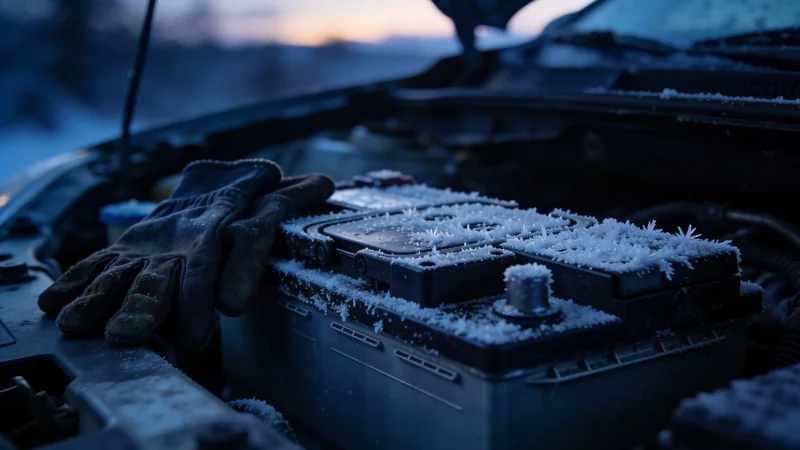 Frost on top of a car battery in an engine bay on a cold morning