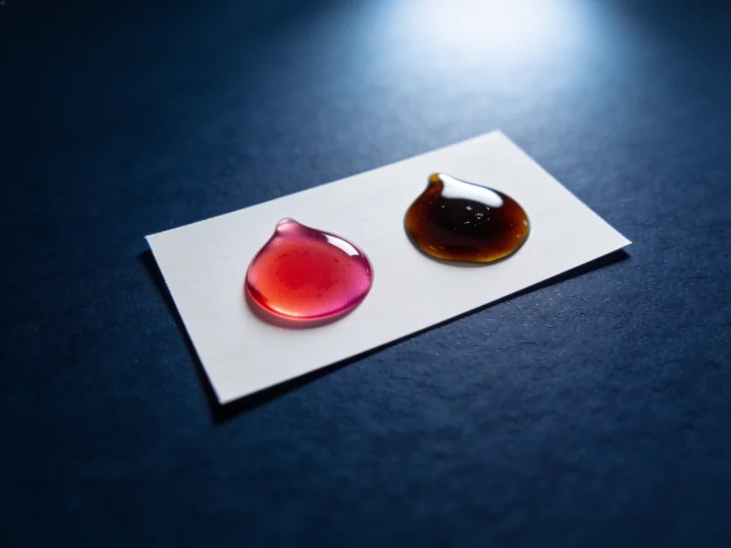A drop of bright red transmission fluid next to a drop of dark brown fluid on a white card