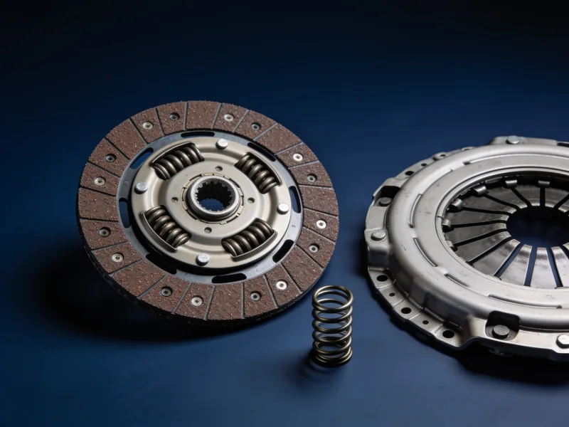 A clutch disc next to a clutch pressure plate
