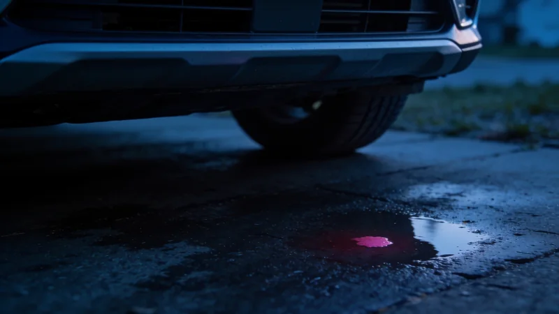 A small reddish fluid spot on the pavement under a parked car
