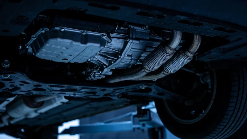 The underside of a car on a lift, with the transmission pan and exhaust pipes in view